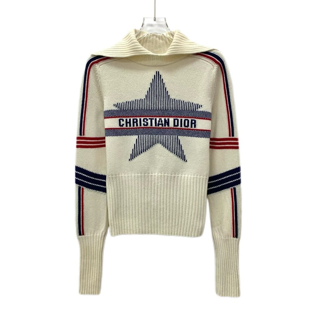 DW0540 Christian Dior Beige Striped Star Intarsia Wool Long Sleeve Knitted Sweat